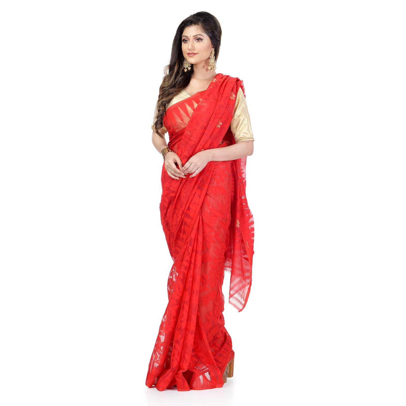 Desh Bidesh Women`s Traditional Bengal Handloom Tant Dhakai Jamdani Cotton Saree Whole Body Design(Red)